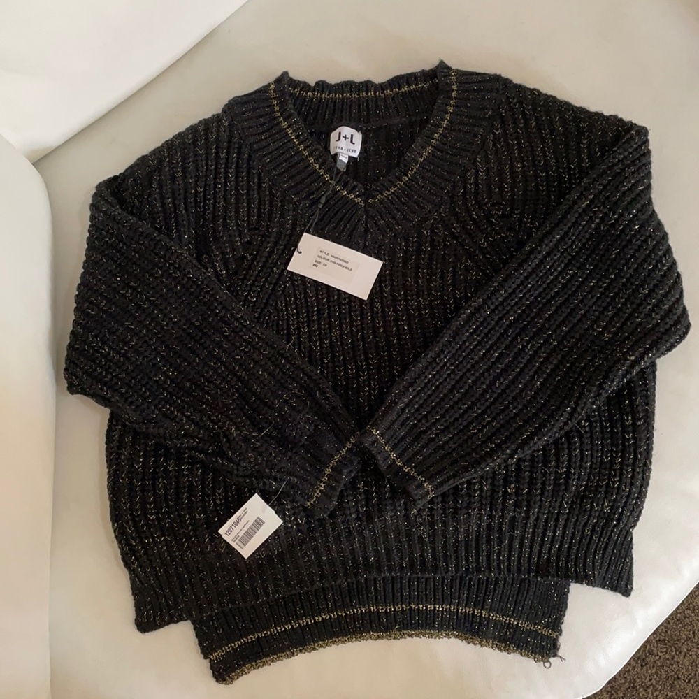 NWT black gold metallic shimmer JOHN + JENN designer knit sweater XS S